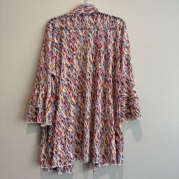 Multiples Colorful Patterned Open Front Mesh Cardigan Artsy Flare Sleeves 1X - Picture 2 of 6